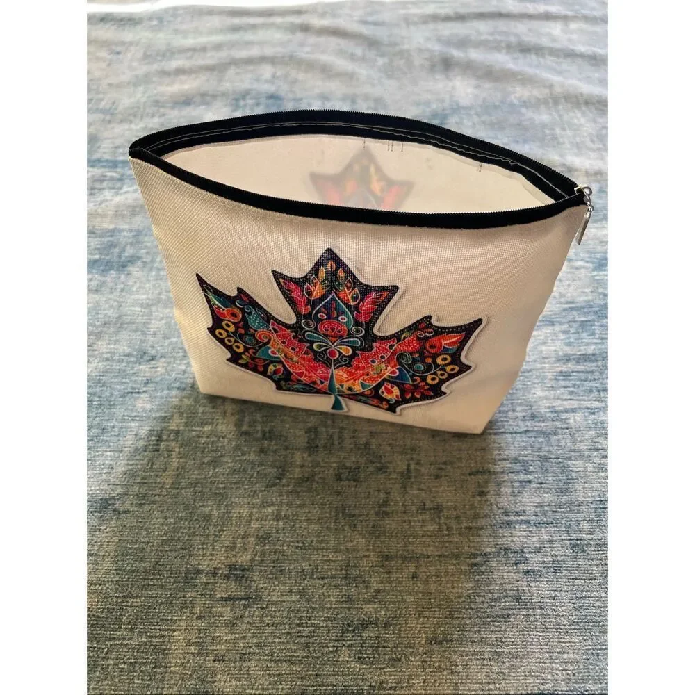 Colorful Maple Leaf Cotton Canvas Small Makeup Bag Travel Toiletry Pouch
